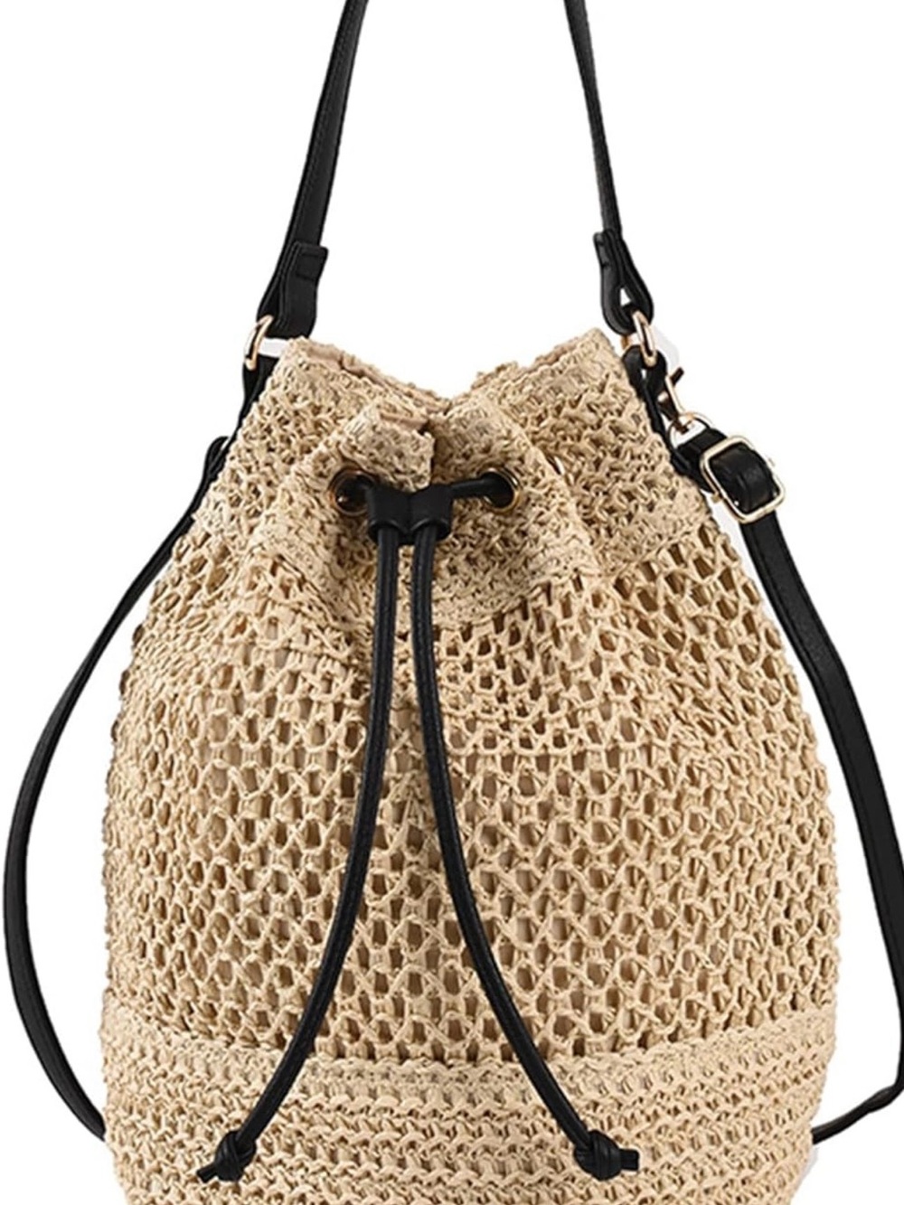 Neutral Crochet Drawstring Crossbody Bag with Black Straps New Bag